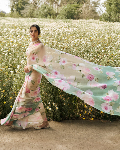 Beige and Green Printed Chiffon Saree