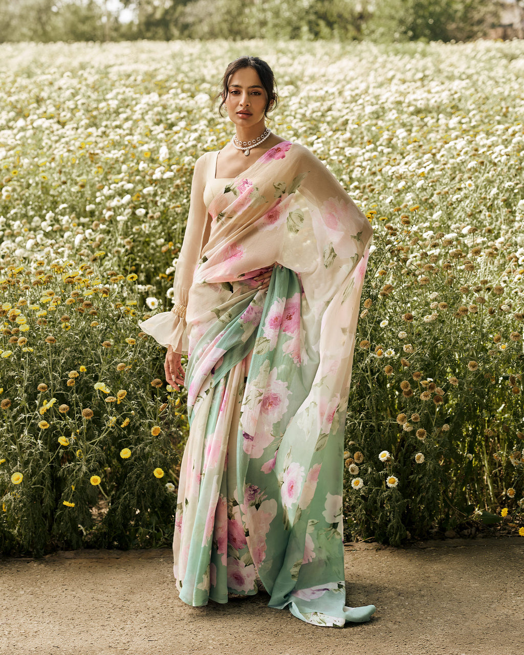 Beige and Green Printed Chiffon Saree