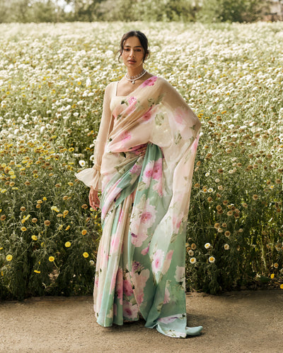 Beige and Green Printed Chiffon Saree