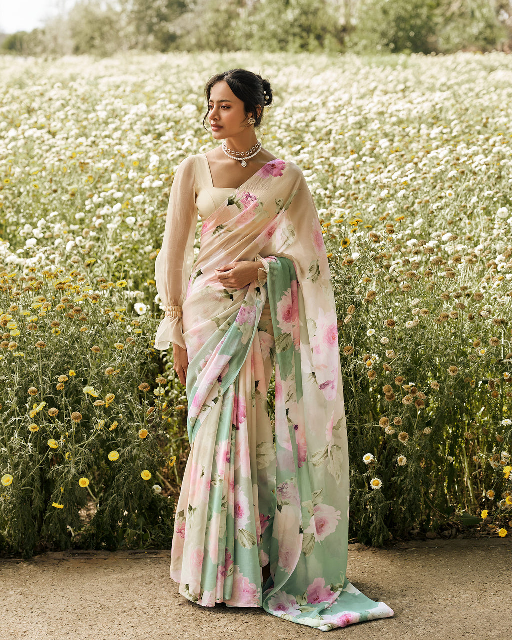 Beige and Green Printed Chiffon Saree