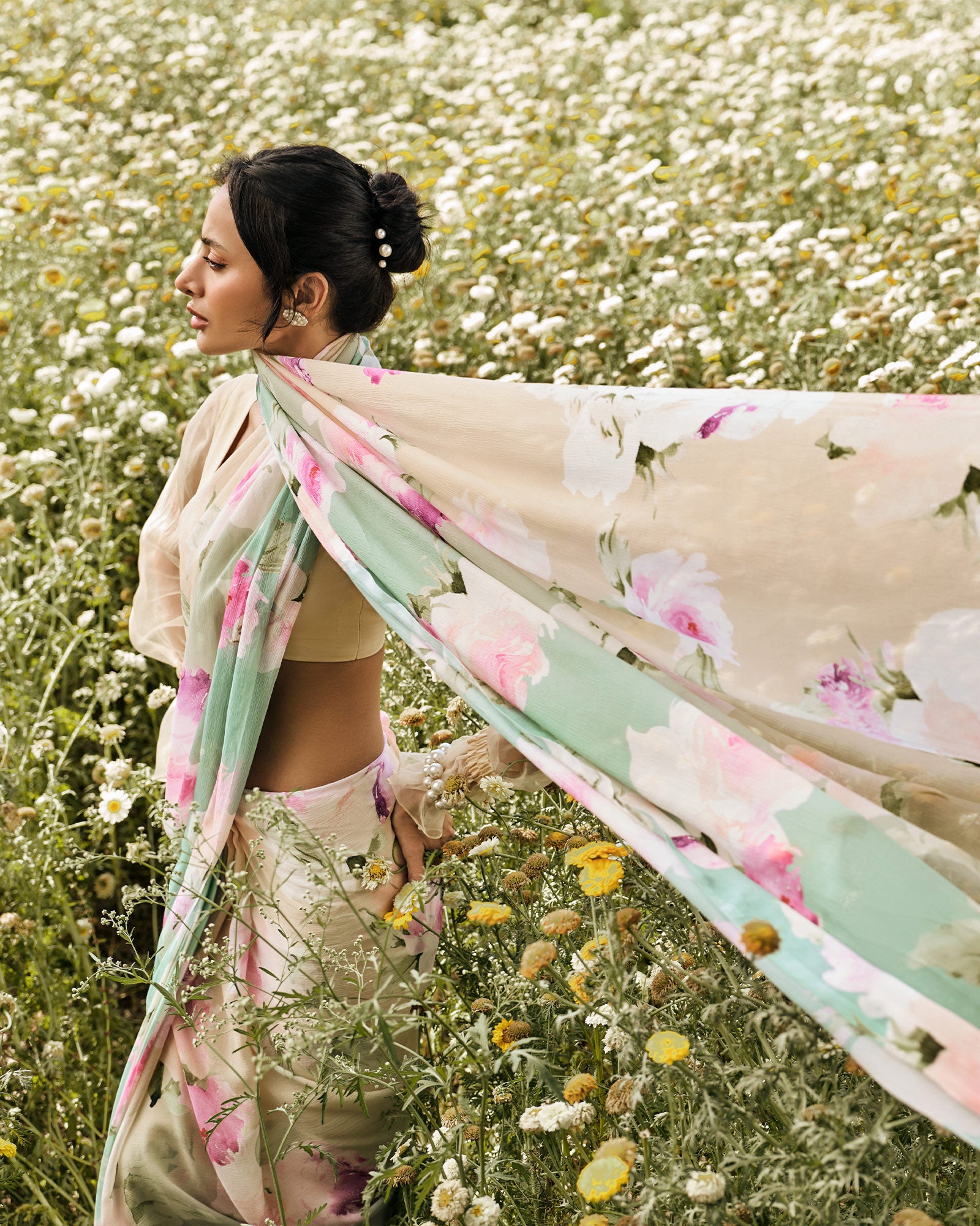 Beige and Green Printed Chiffon Saree