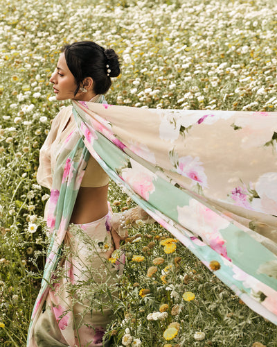 Beige and Green Printed Chiffon Saree
