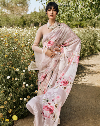 Lavender and White Printed Chiffon Saree