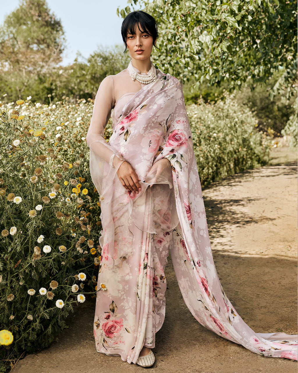 Lavender and White Printed Chiffon Saree