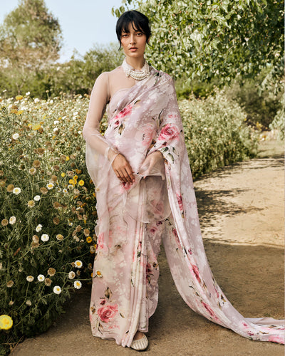 Lavender and White Printed Chiffon Saree