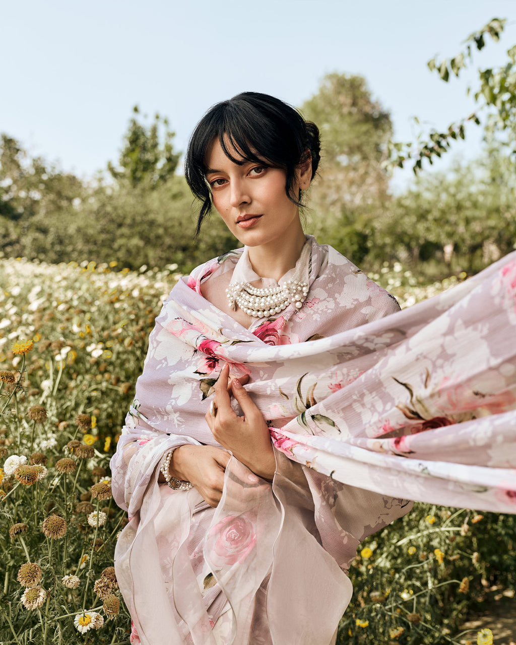 Lavender and White Printed Chiffon Saree