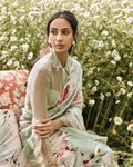 Green and White Printed Chiffon Saree