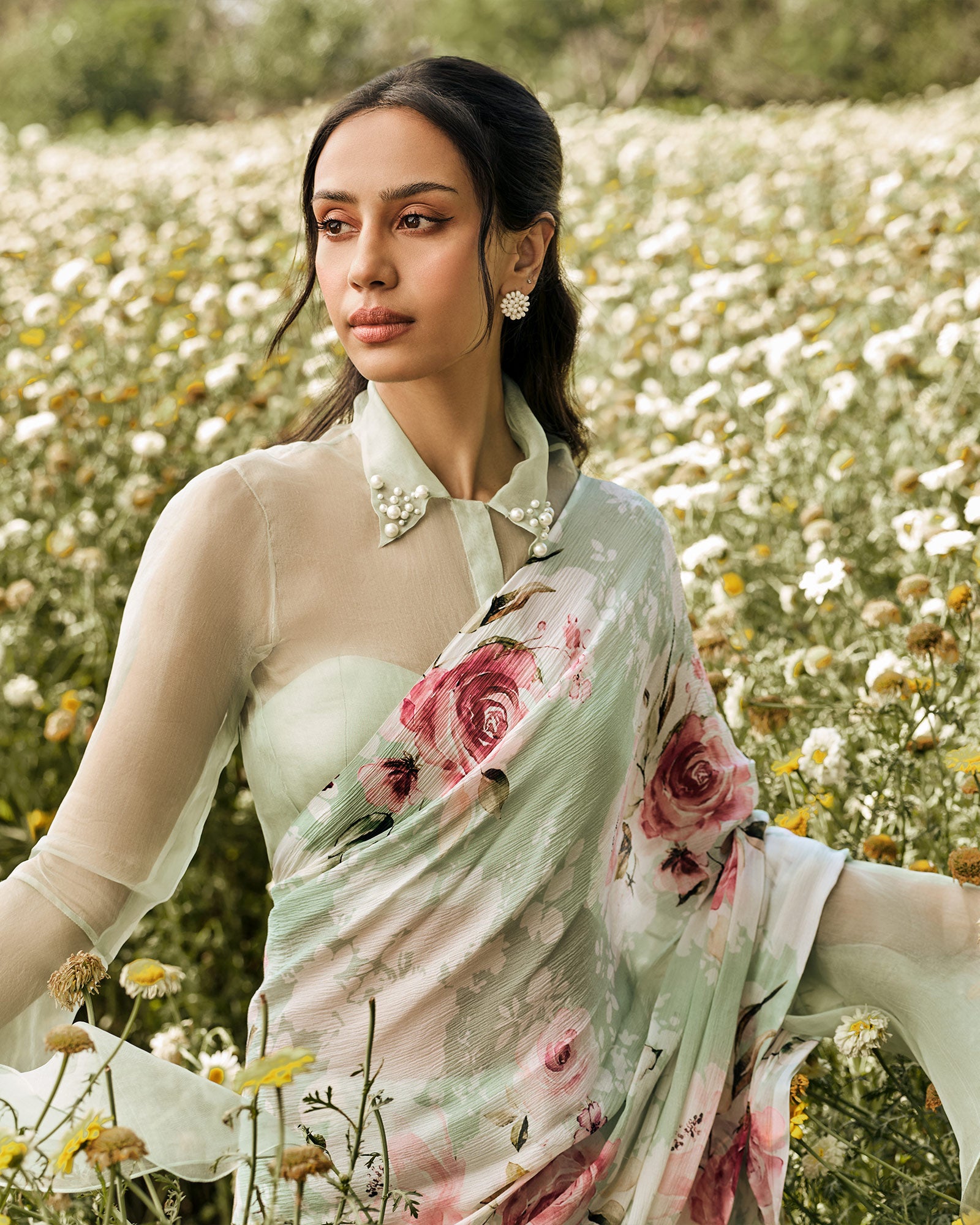 Green and White Printed Chiffon Saree