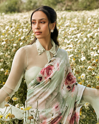 Green and White Printed Chiffon Saree