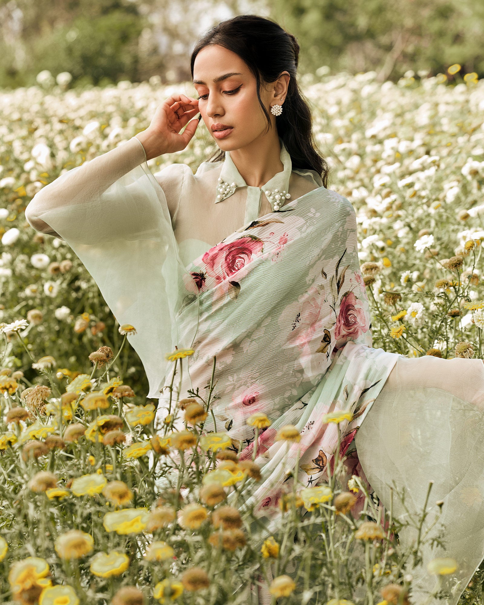 Green and White Printed Chiffon Saree