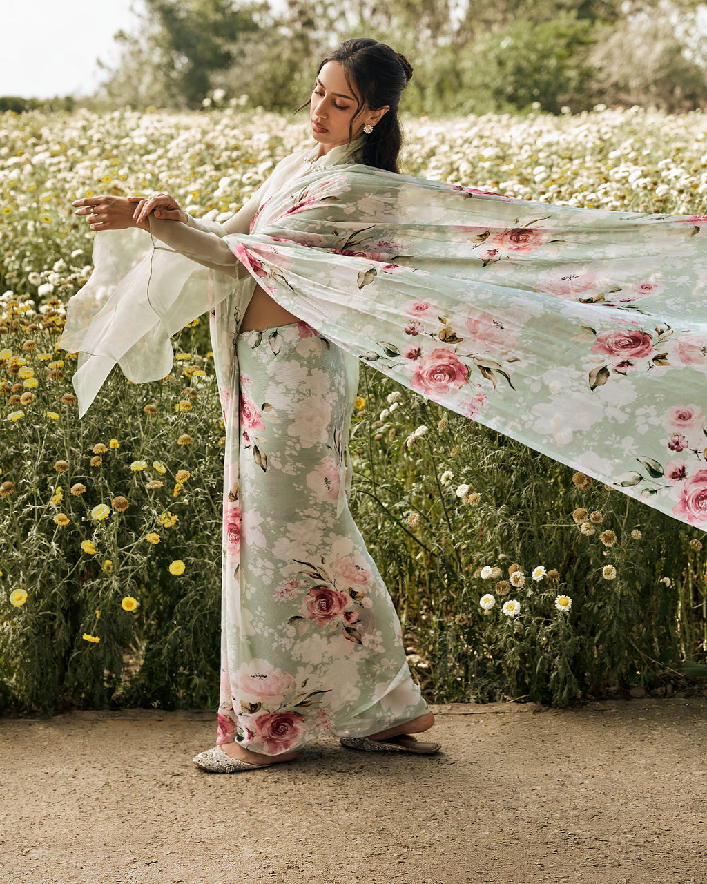 Green and White Printed Chiffon Saree