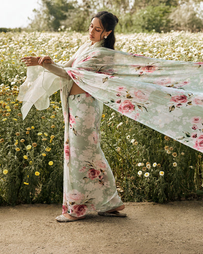 Green and White Printed Chiffon Saree