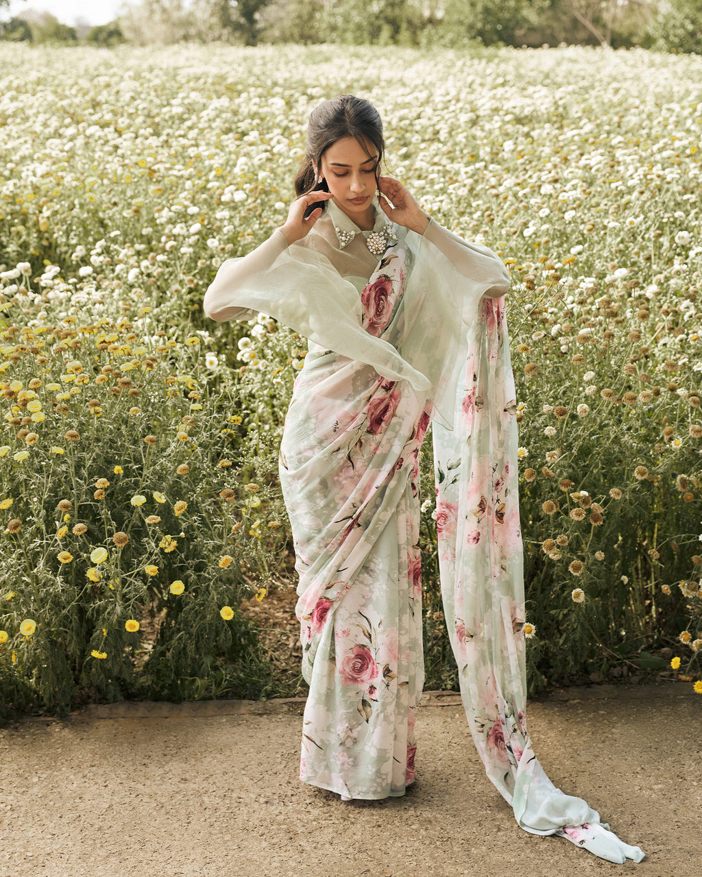 Green and White Printed Chiffon Saree