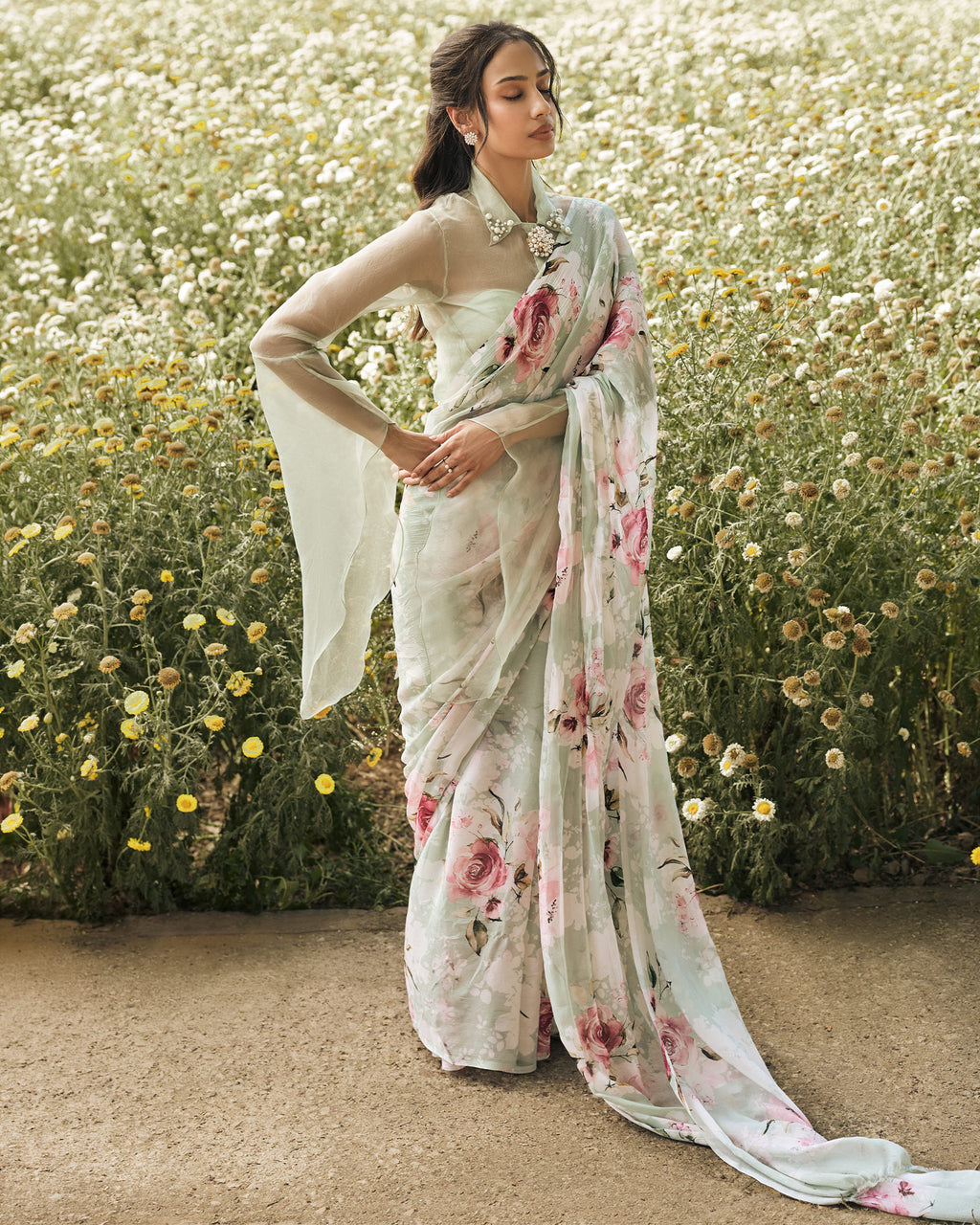 Green and White Printed Chiffon Saree