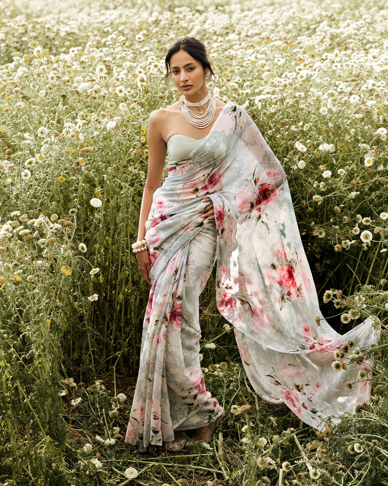 Grey and White Printed Chiffon Saree