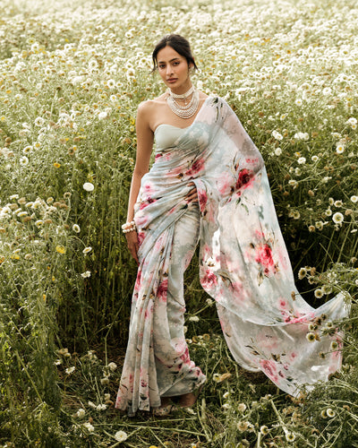 Grey and White Printed Chiffon Saree