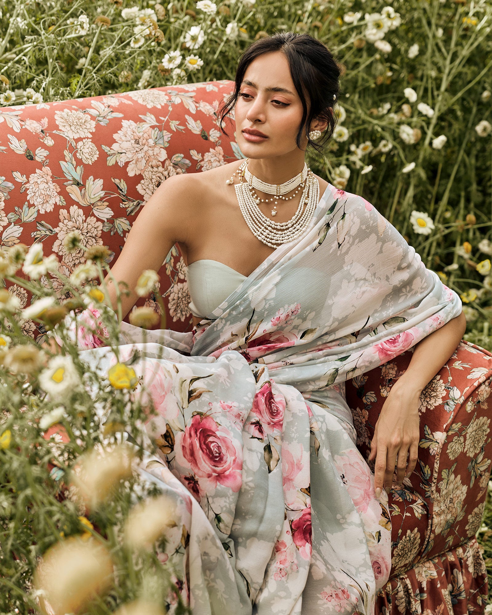 Grey and White Printed Chiffon Saree