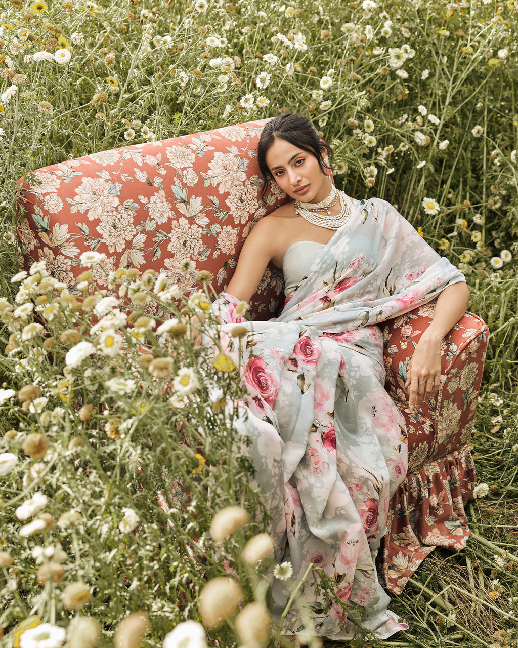 Grey and White Printed Chiffon Saree