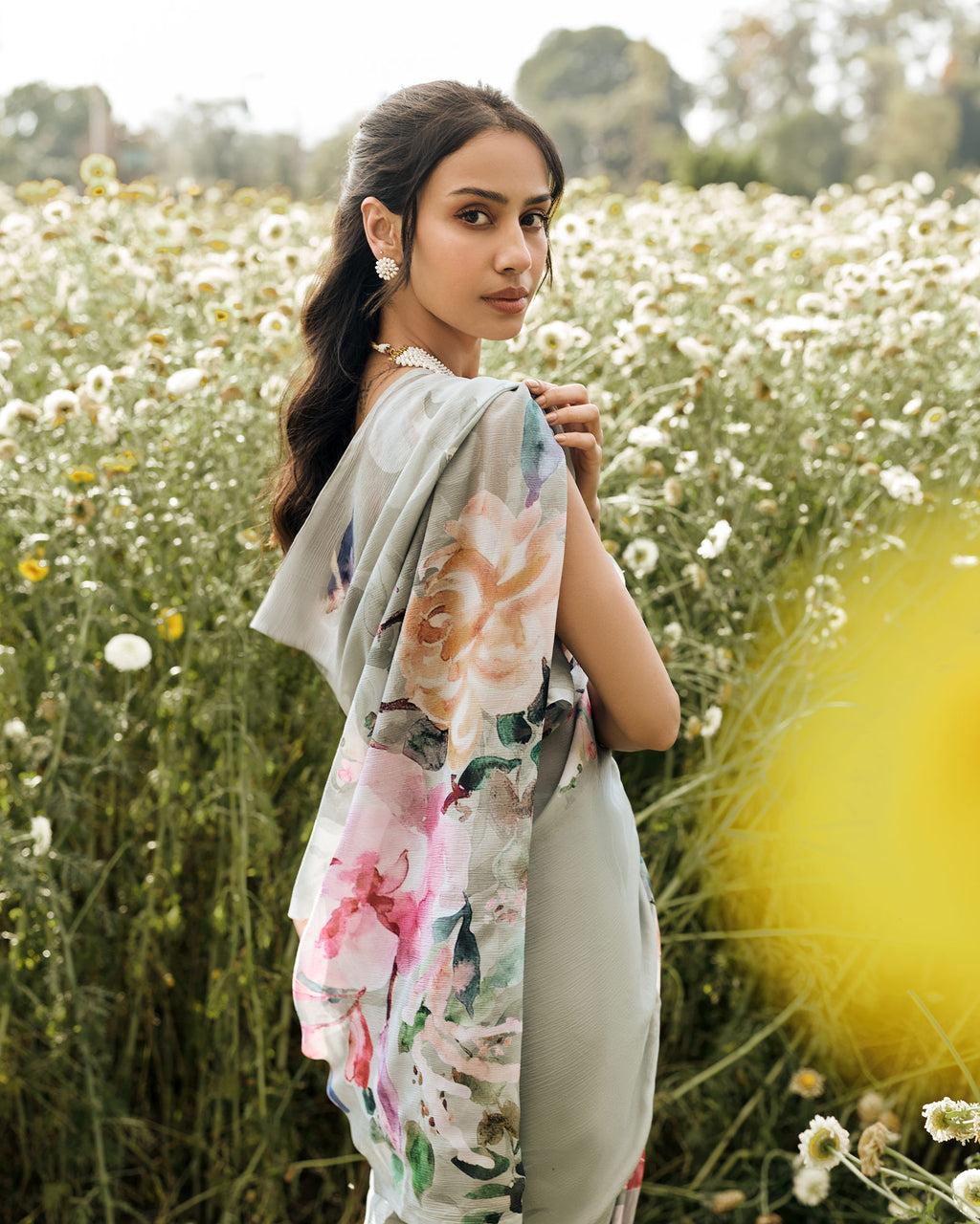 Grey Printed Chiffon Saree