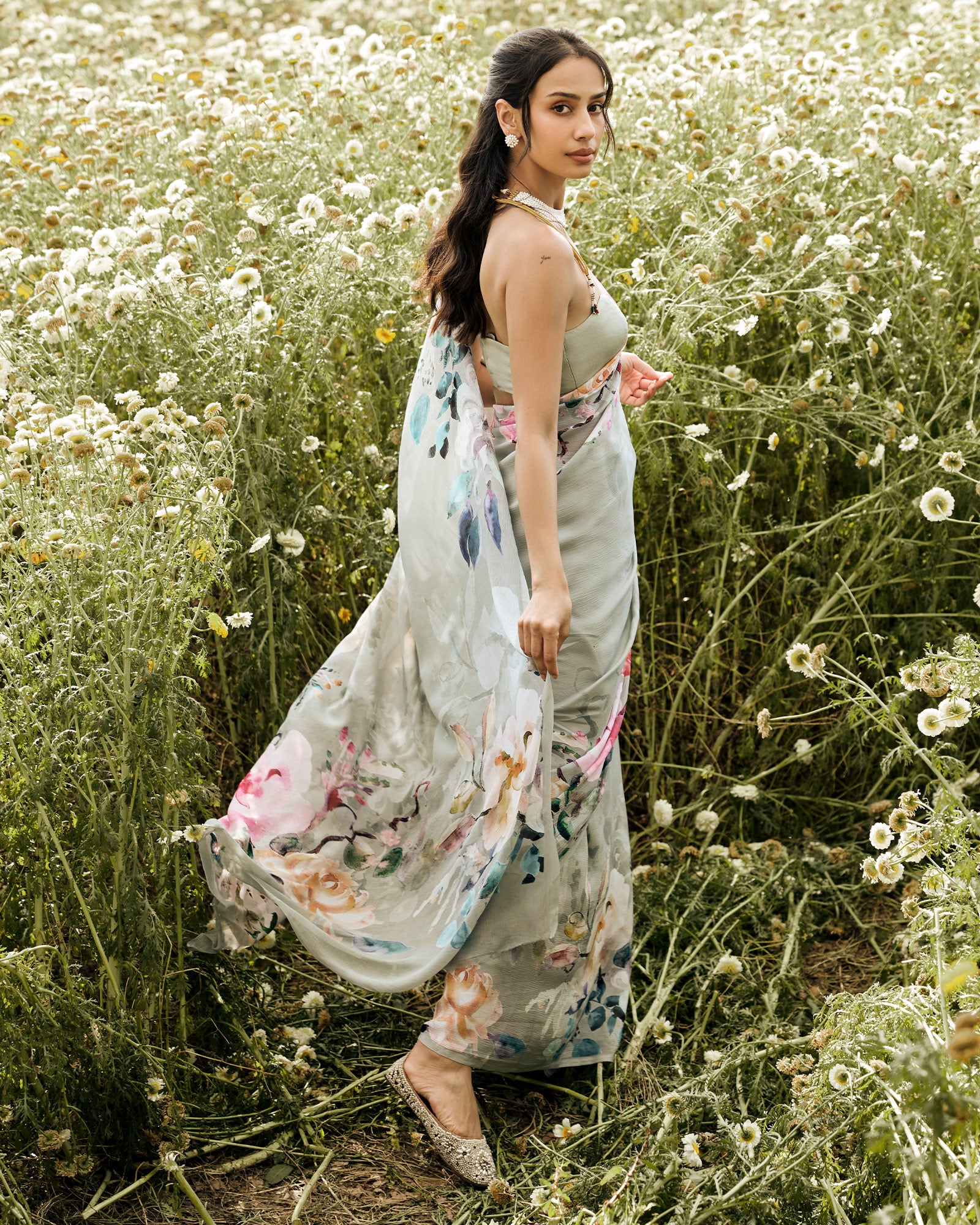 Grey Printed Chiffon Saree