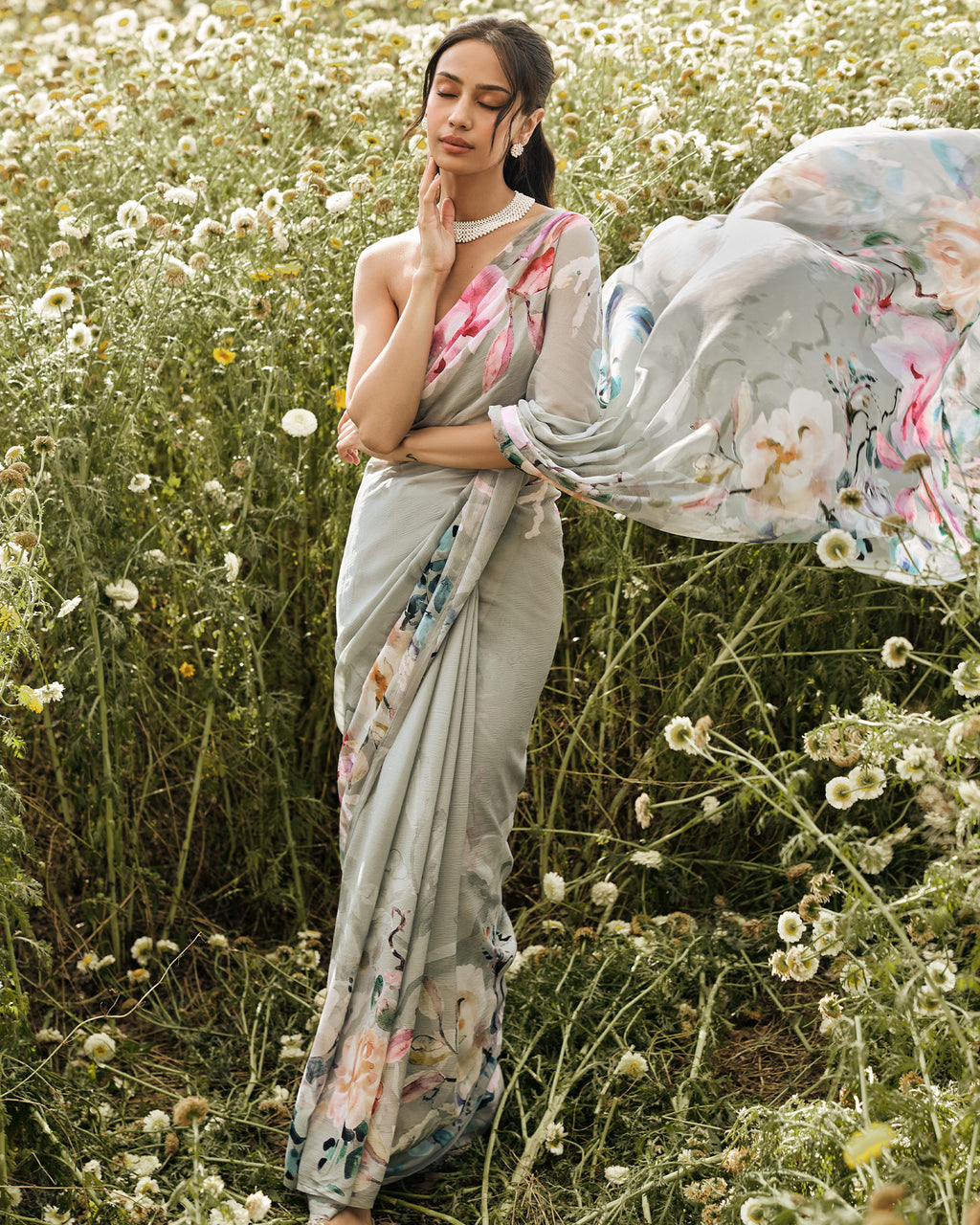 Grey Printed Chiffon Saree
