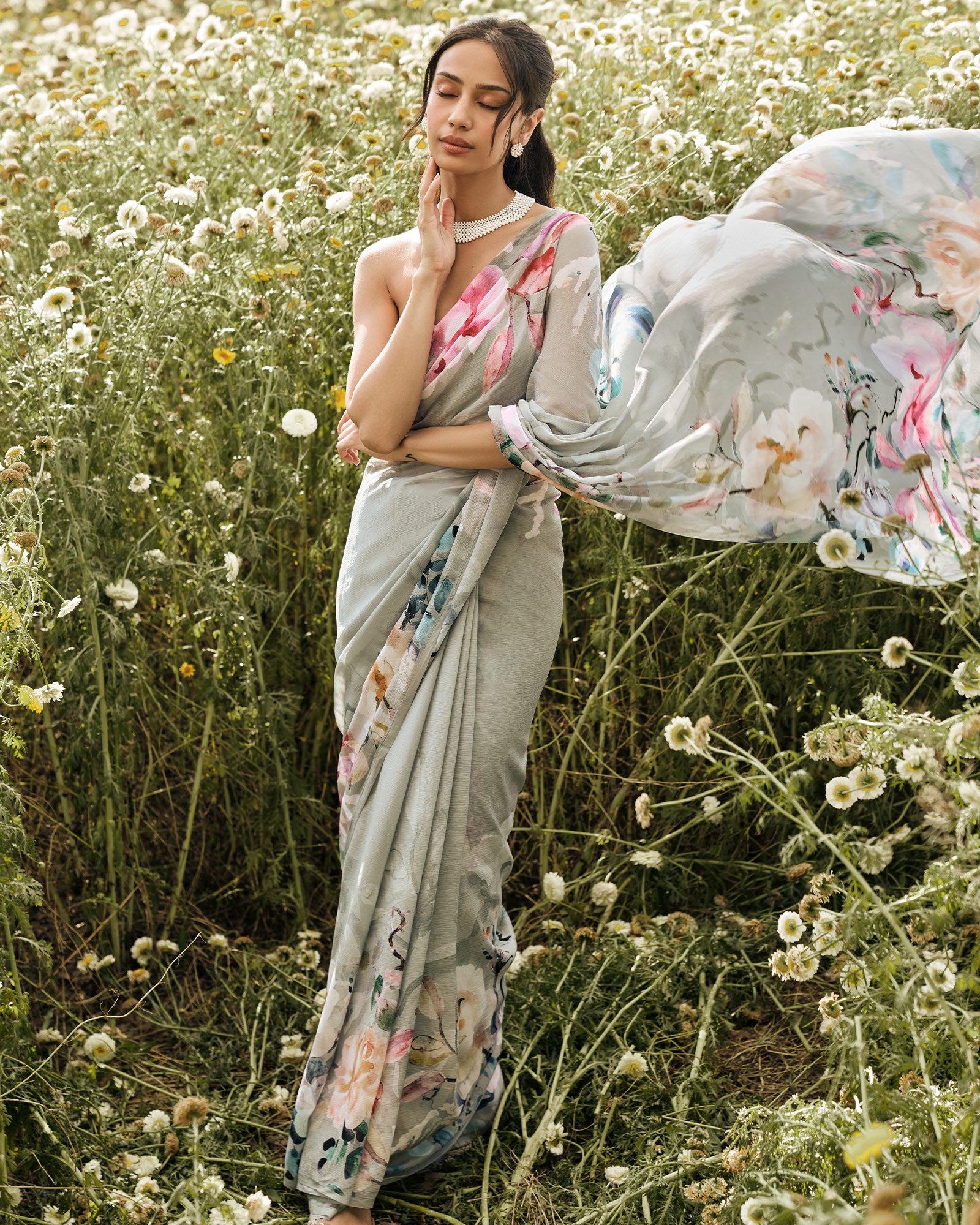 Grey Printed Chiffon Saree