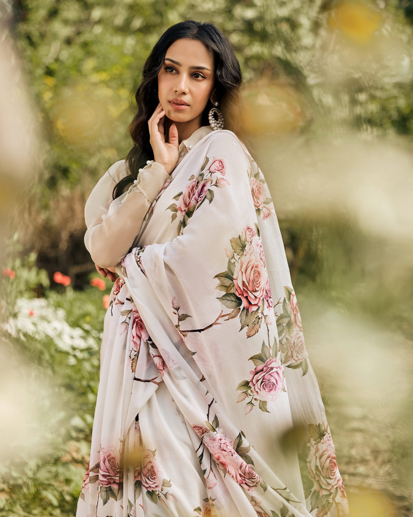 Off White Printed Chiffon Saree