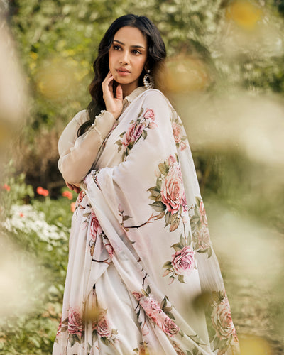 Off White Printed Chiffon Saree