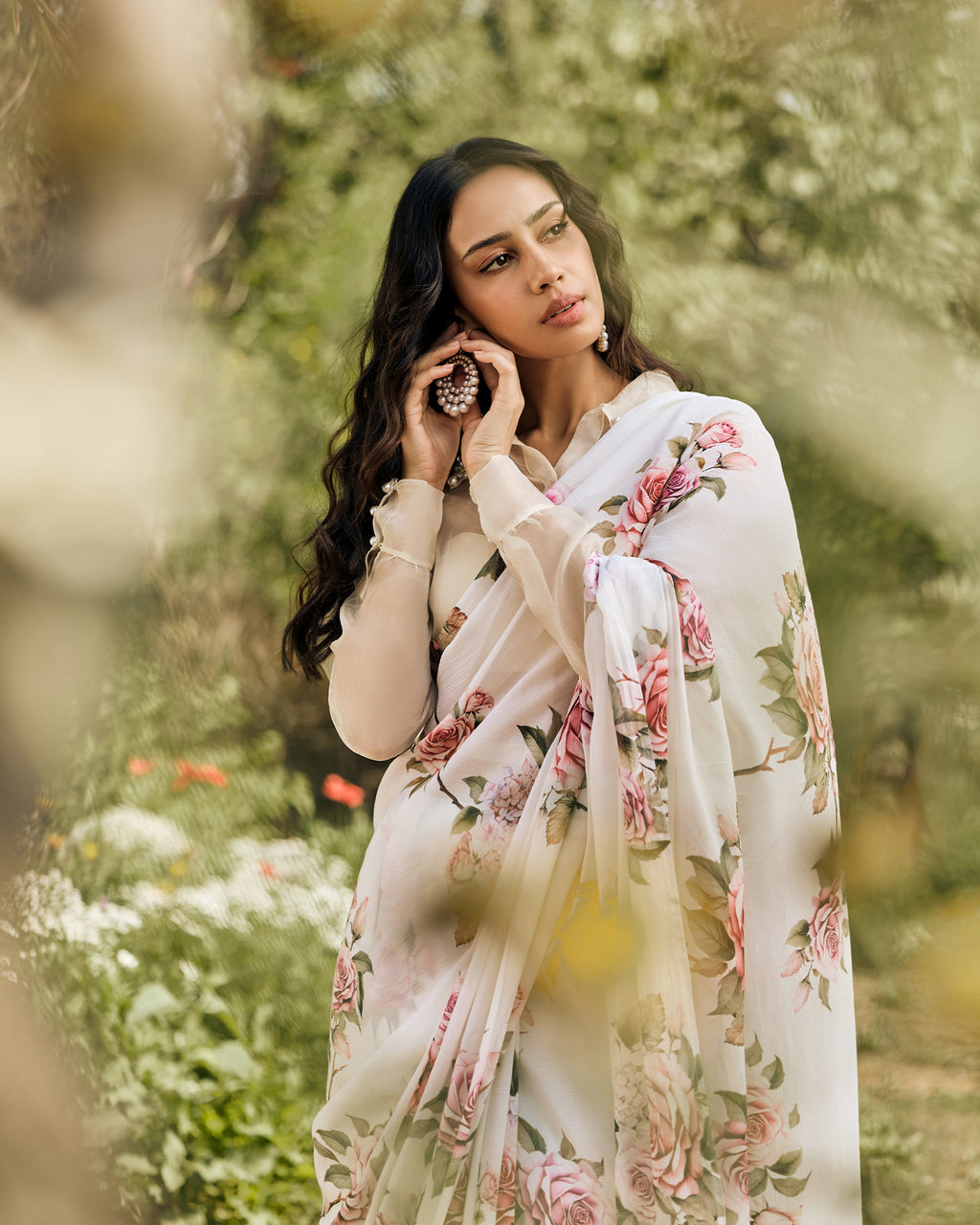 Off White Printed Chiffon Saree
