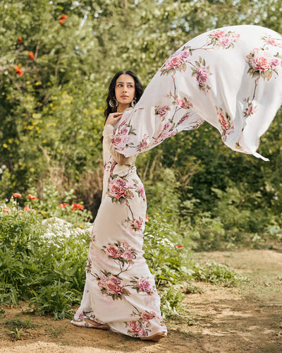 Off White Printed Chiffon Saree