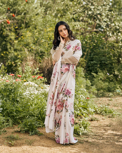 Off White Printed Chiffon Saree