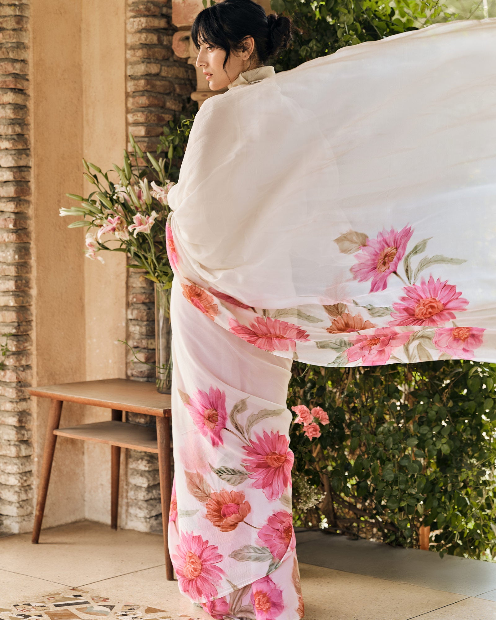 Off White Printed Chiffon Saree
