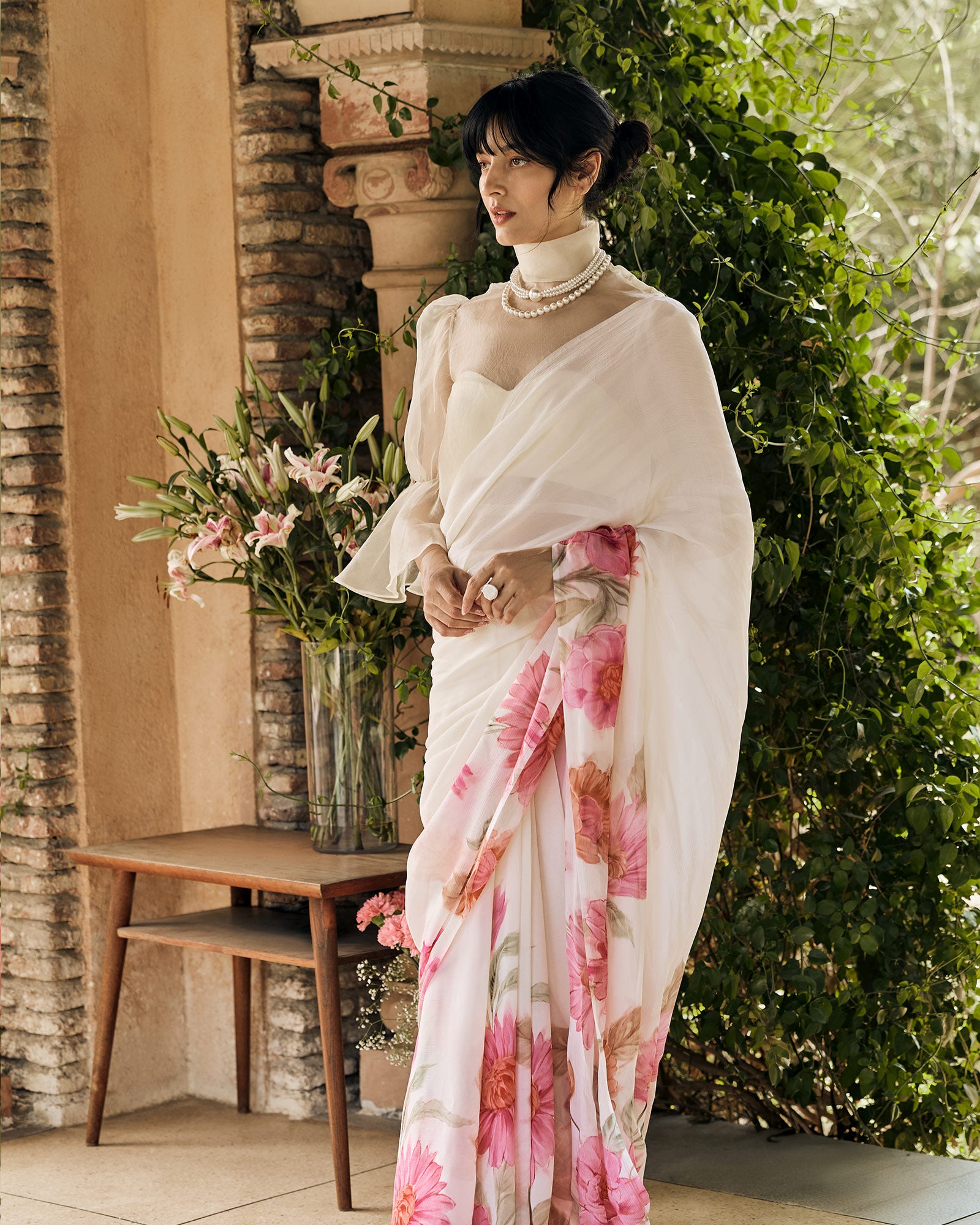 Off White Printed Chiffon Saree