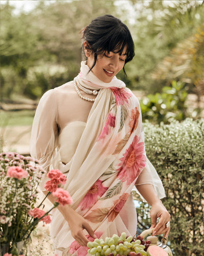 Off White Printed Chiffon Saree