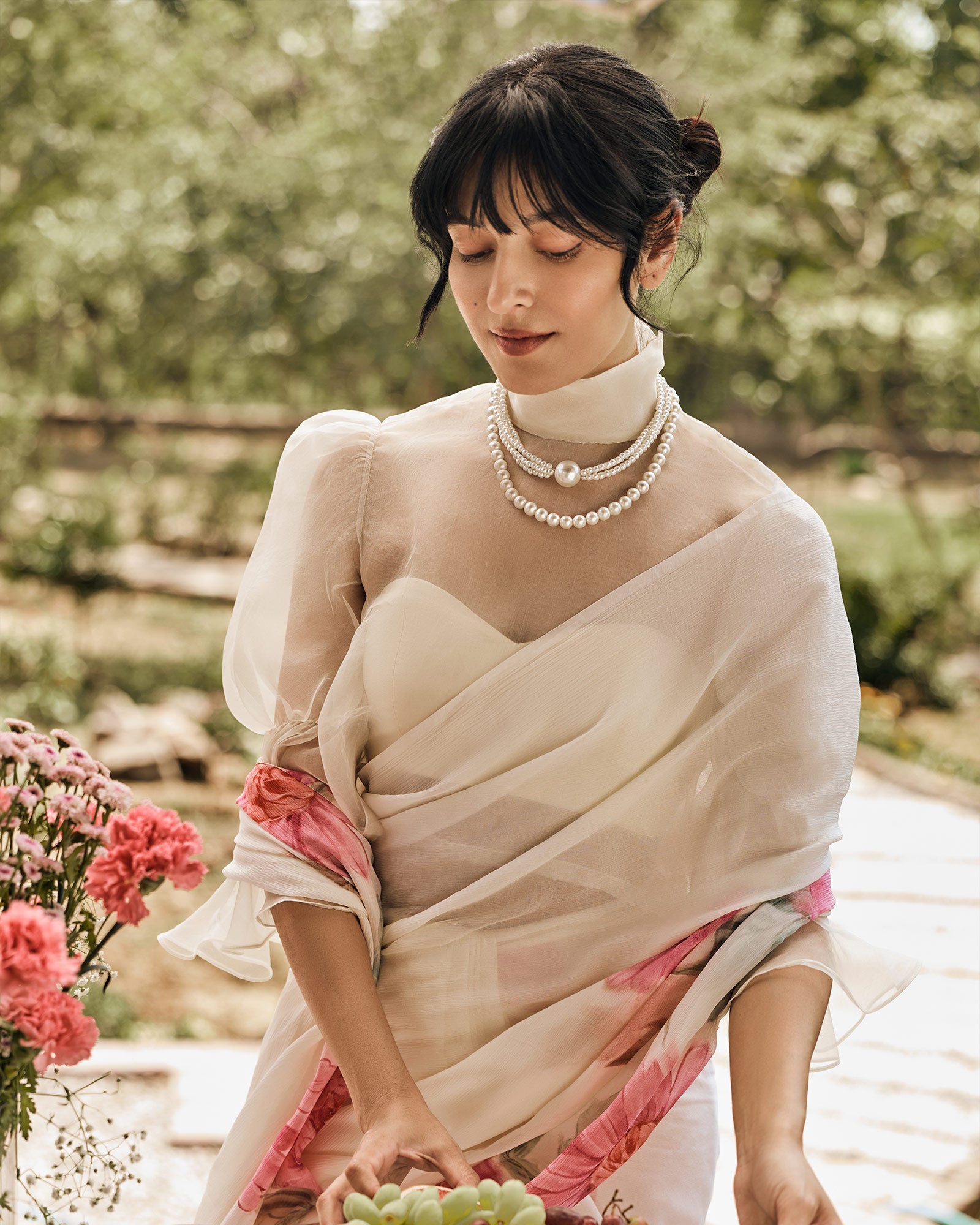 Off White Printed Chiffon Saree