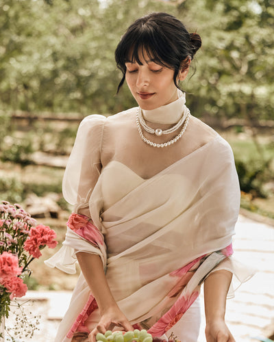 Off White Printed Chiffon Saree