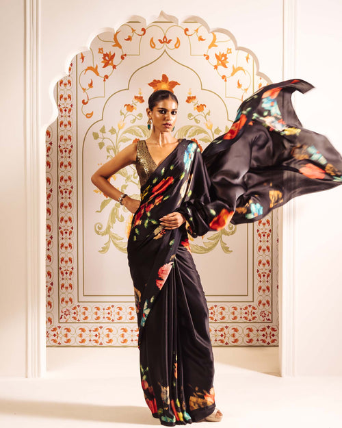 Black Satin Crepe Silk Saree