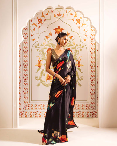 Black Satin Crepe Silk Saree
