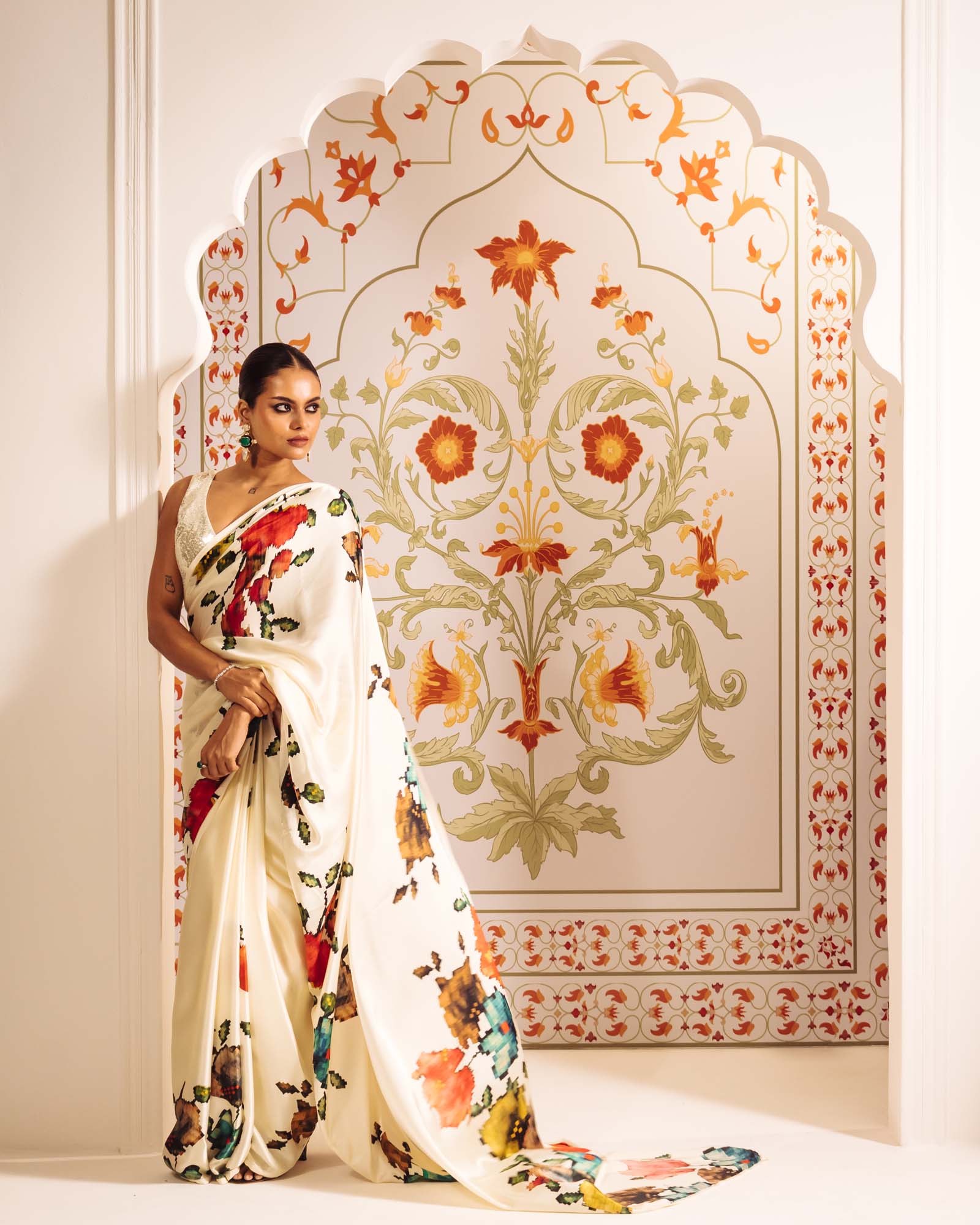 White Satin Crepe Silk Saree