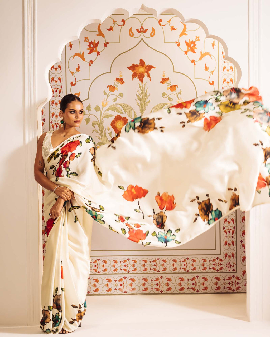 White Satin Crepe Silk Saree