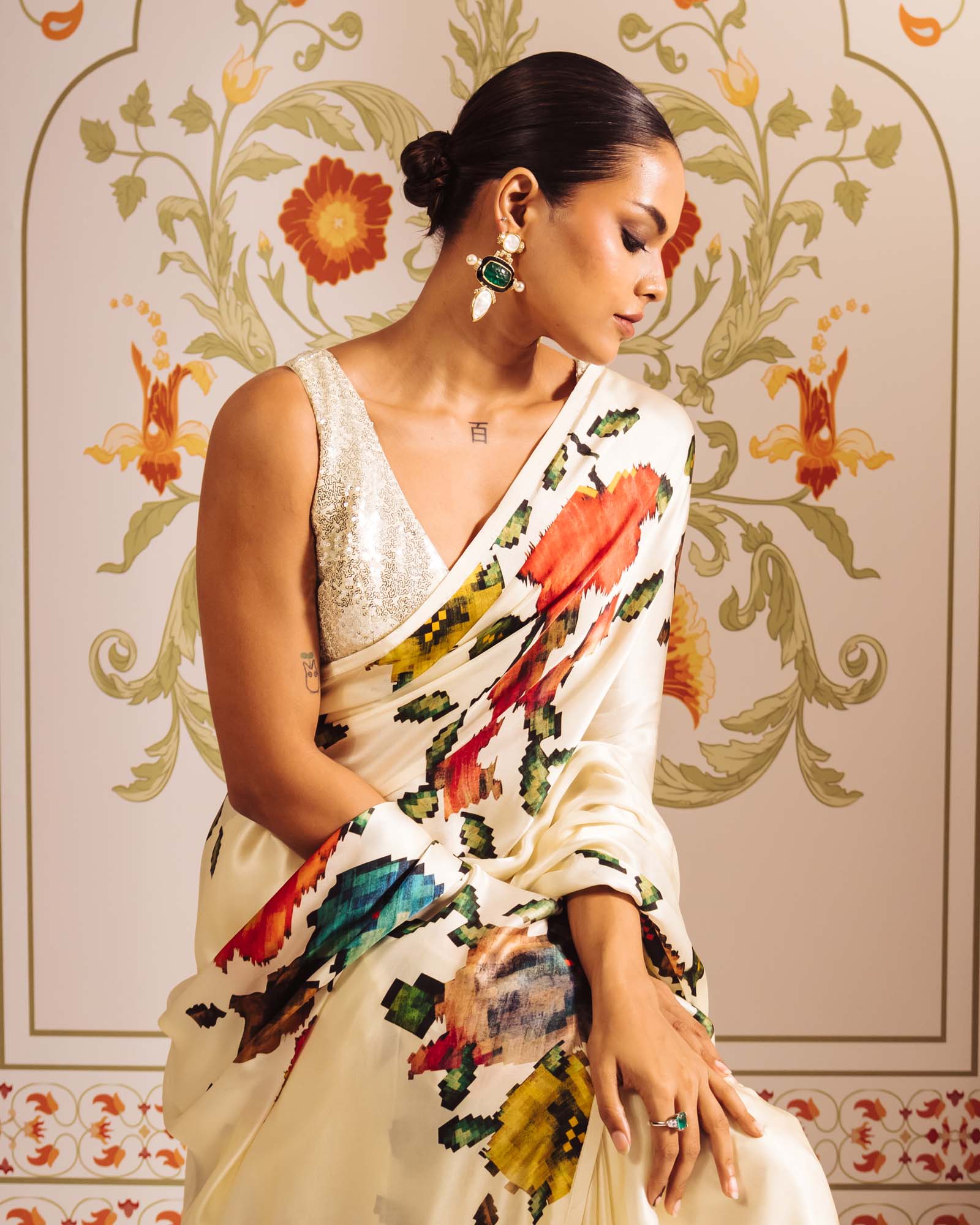 White Satin Crepe Silk Saree