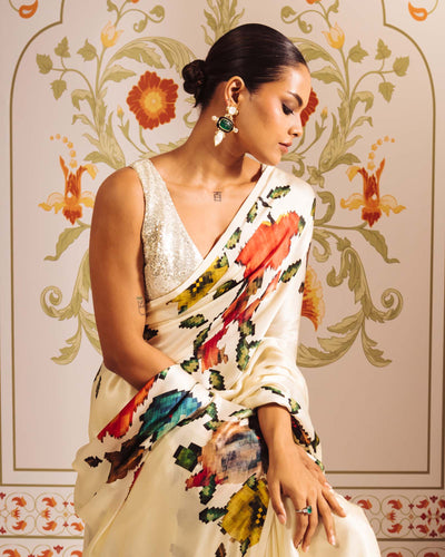 White Satin Crepe Silk Saree