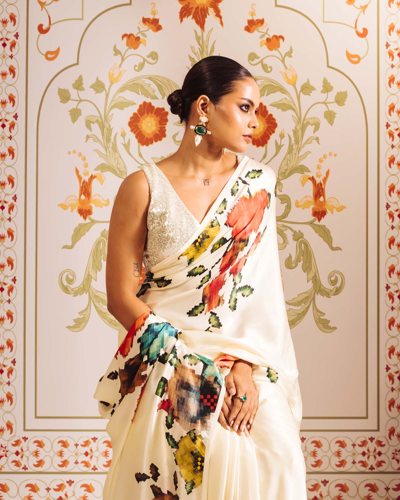 White Satin Crepe Silk Saree