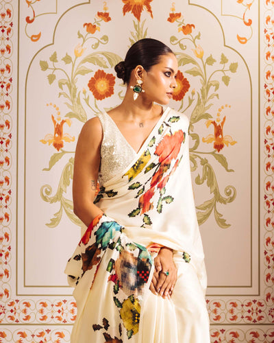 White Satin Crepe Silk Saree