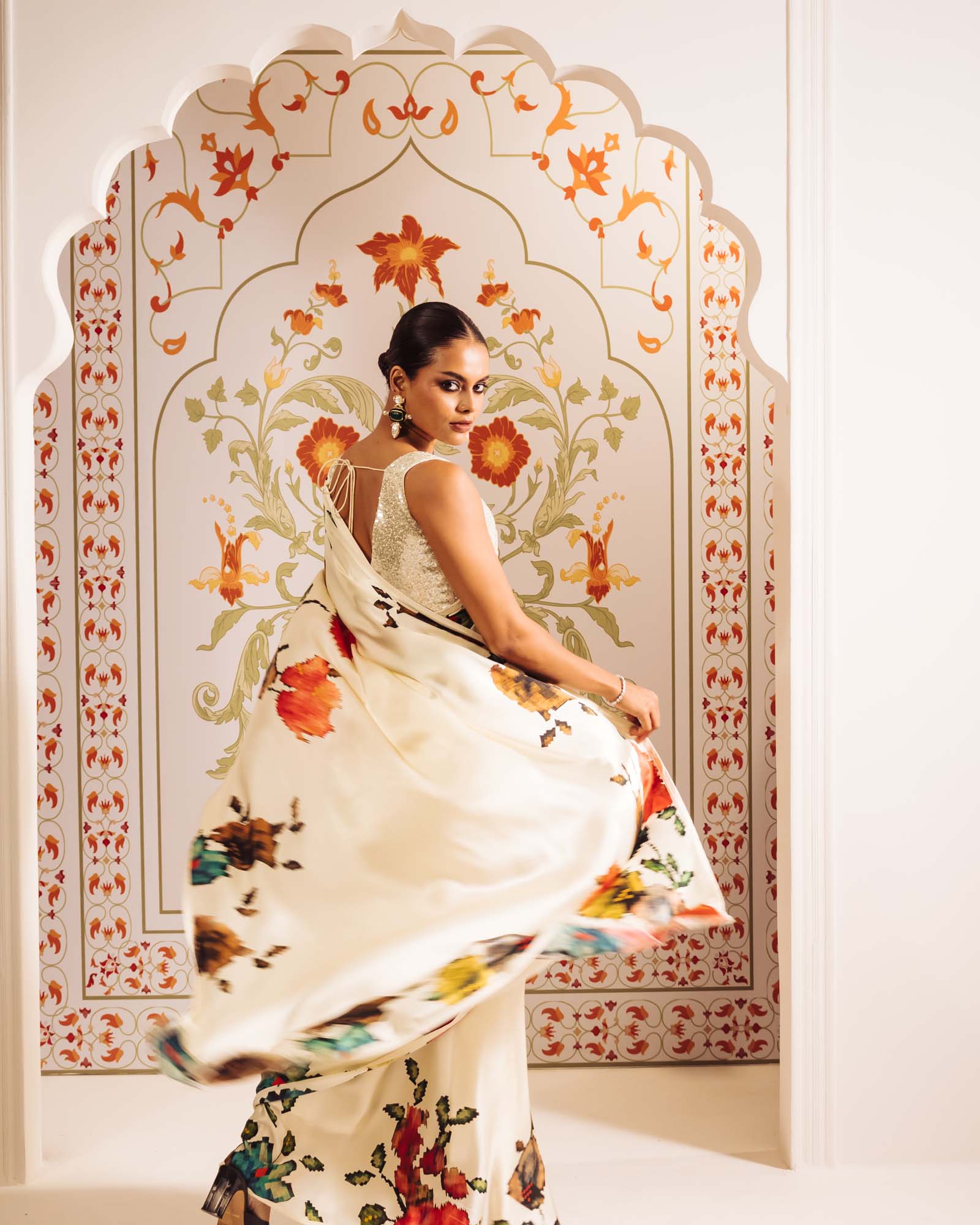 White Satin Crepe Silk Saree