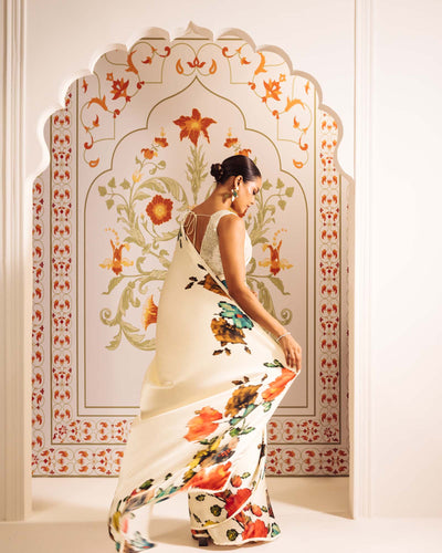 White Satin Crepe Silk Saree