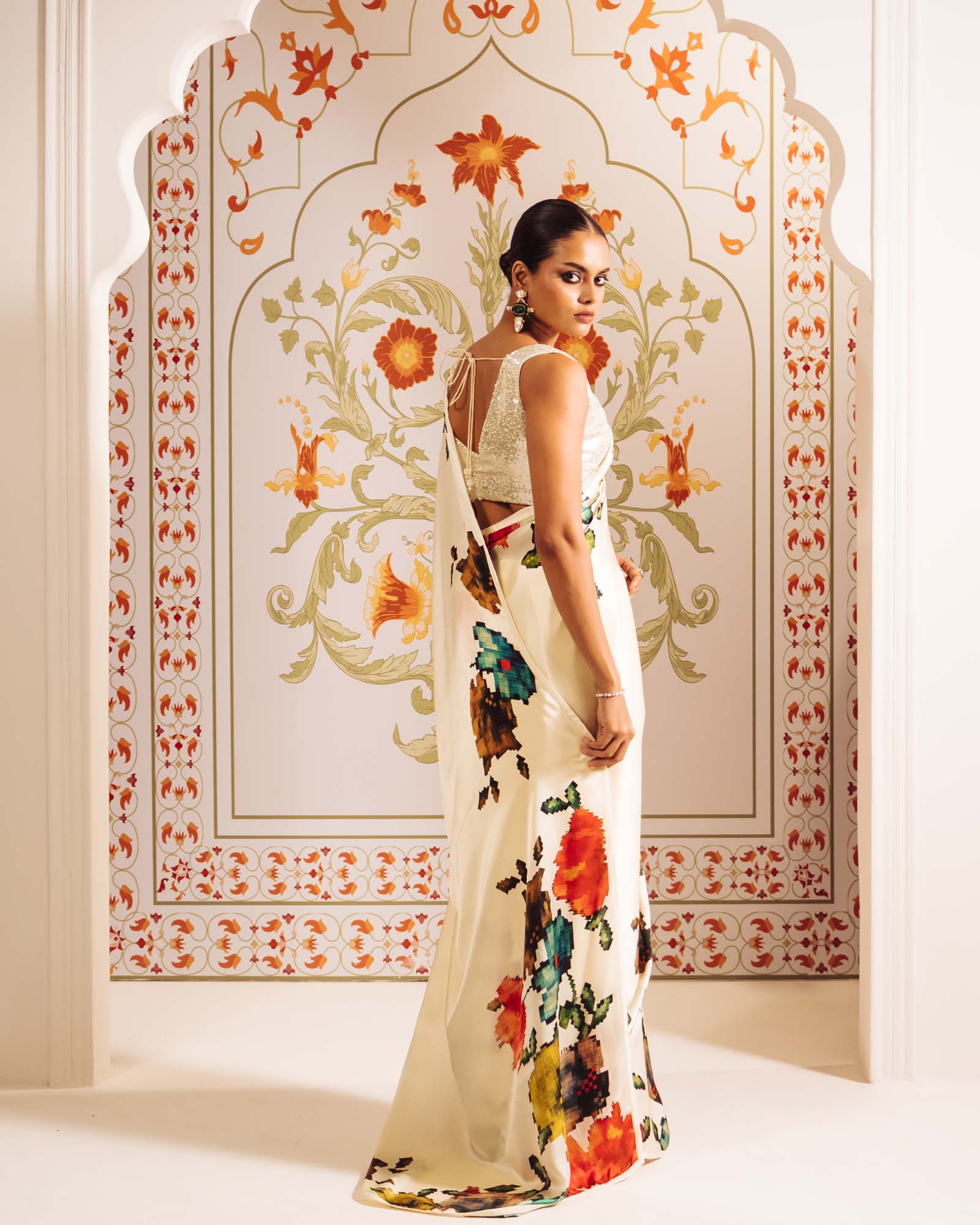 White Satin Crepe Silk Saree
