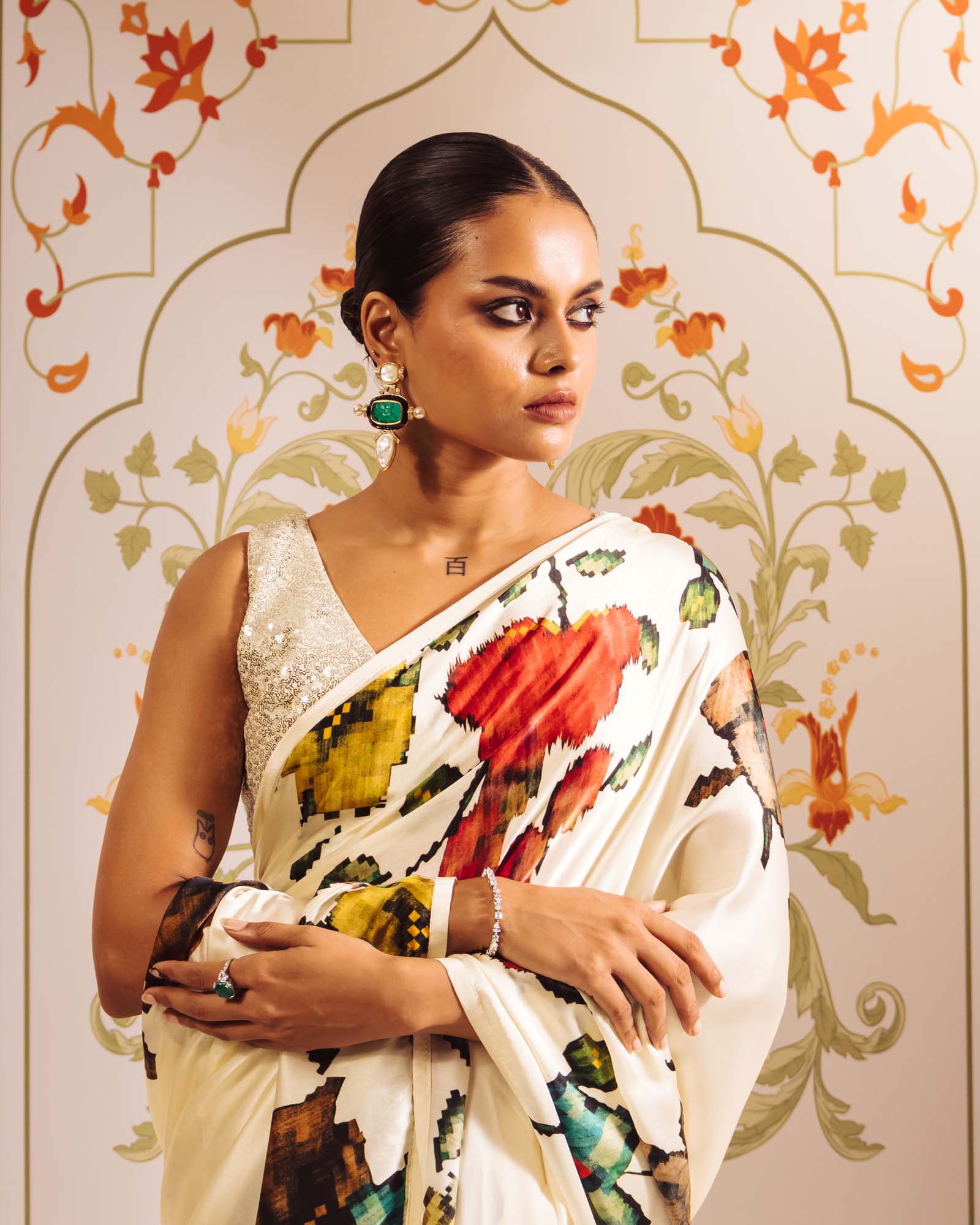 White Satin Crepe Silk Saree