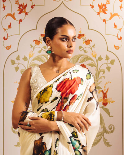 White Satin Crepe Silk Saree