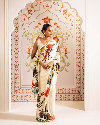 White Satin Crepe Silk Saree
